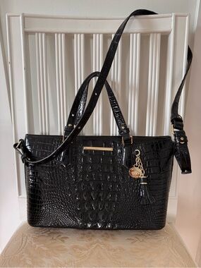 BRAHMIN Kate Croc-Embossed Black Leather Crossbody with Tassel Charm NWOT
